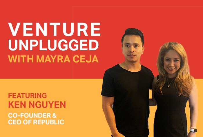 Kendrick Nguyen standing with podcast host Mayra Ceja in a Venture Unplugged promotional photograph