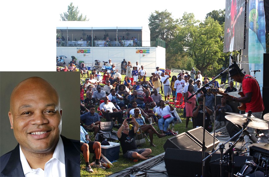 Richmond festival audience facing musicians on an outdoor stage, with an inset photograph of Kenneth Johnson
