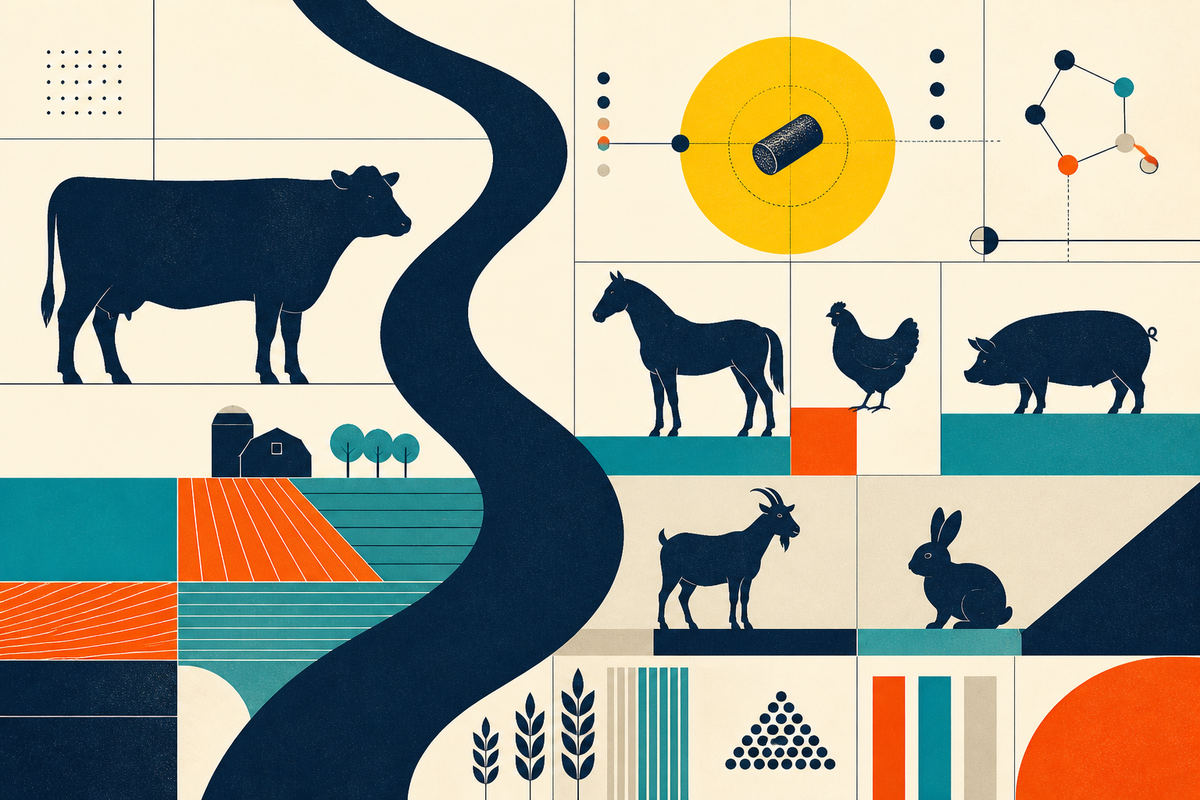 Geometric Swiss-style illustration of farm animals, fields, feed science and a winding river
