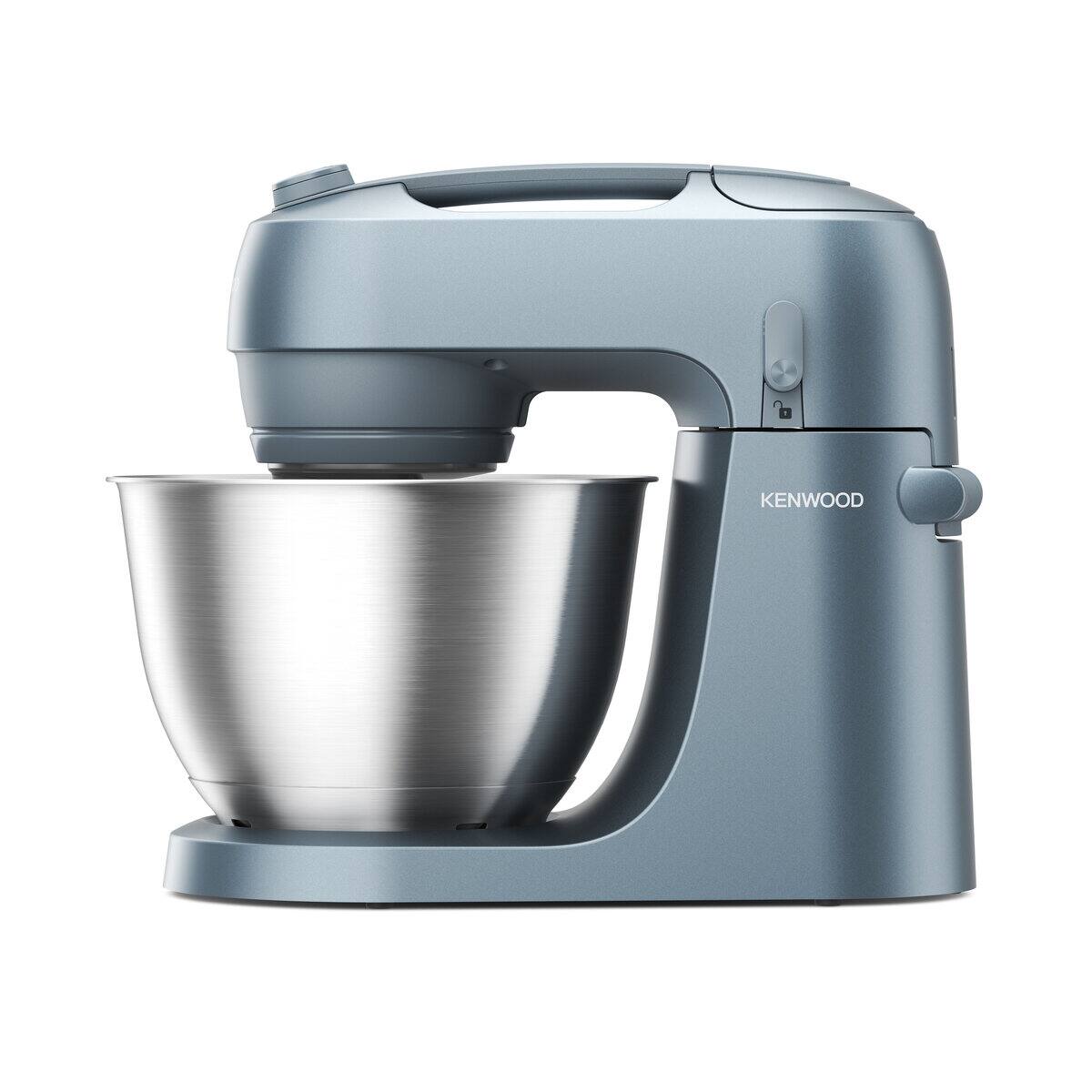 A storm-blue Kenwood Go stand mixer with stainless-steel bowl