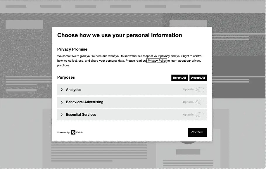 Ketch consent management interface showing analytics, advertising and essential service choices