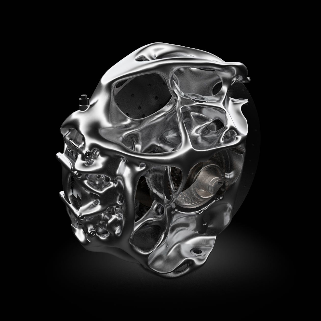 Rendering of a metallic Czinger structural component with curved branches and hollow spaces