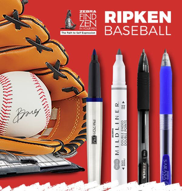 Zebra Pen and Ripken Baseball partnership artwork showing pens beside a baseball and glove