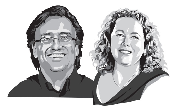 Published black-and-white illustration of Kevin Lyons-Tarr, left, and Suzanne Worwood, right