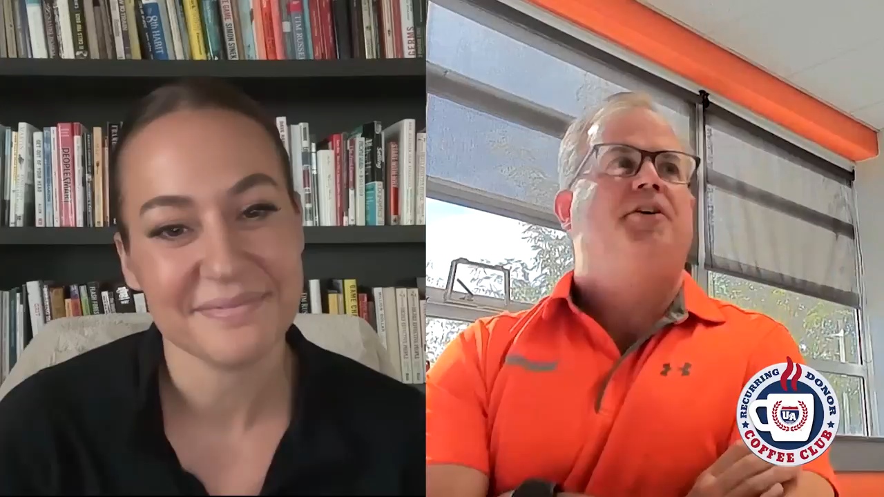Jacki Lutz interviews Kevin Olsen, wearing an orange polo shirt, in a split-screen video