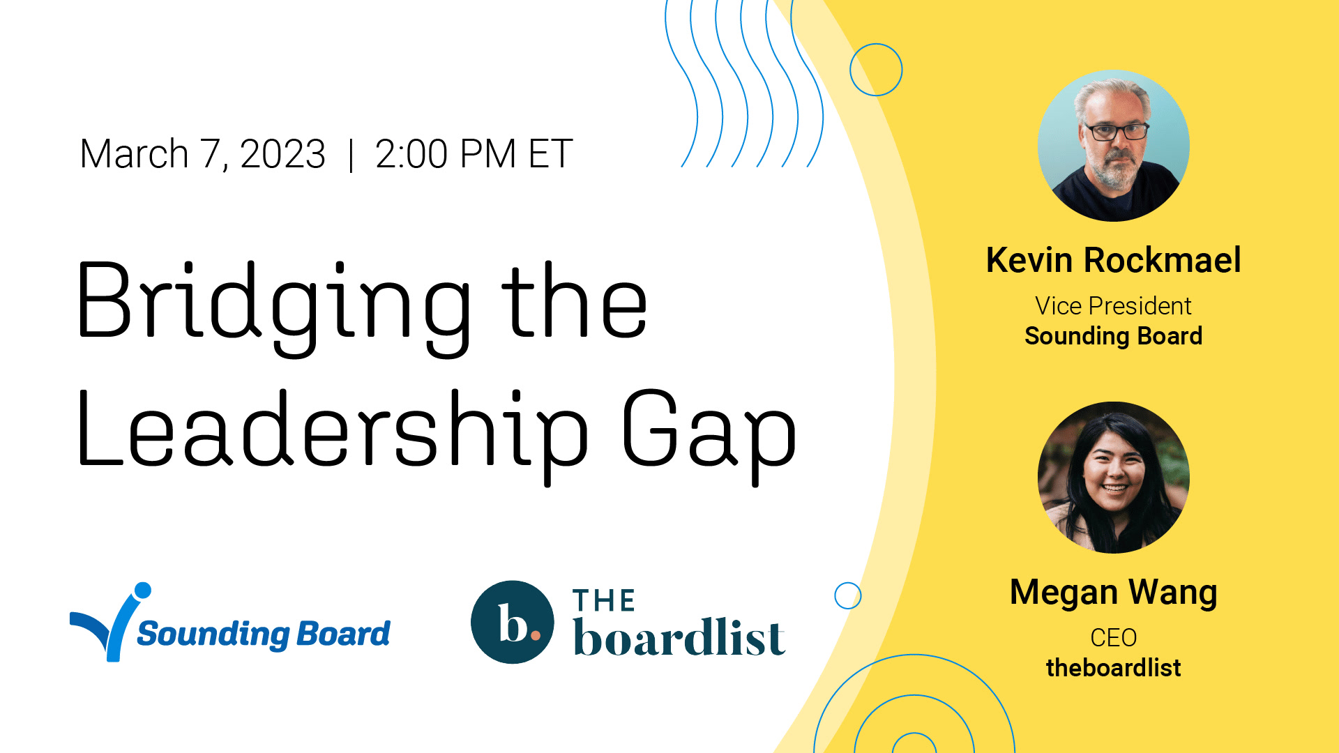 Promotional image for a Sounding Board webinar featuring Kevin Rockmael and Megan Wang