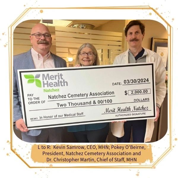 Kevin Samrow, Pokey O’Beirne and Christopher Martin presenting a $2,000 check to the Natchez Cemetery Association