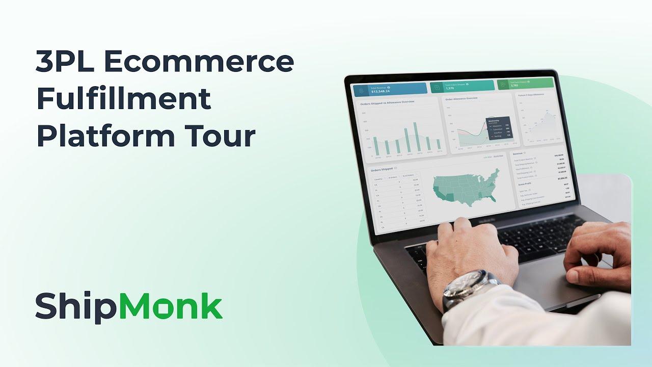 ShipMonk fulfillment software tour artwork showing an inventory and orders dashboard on a laptop