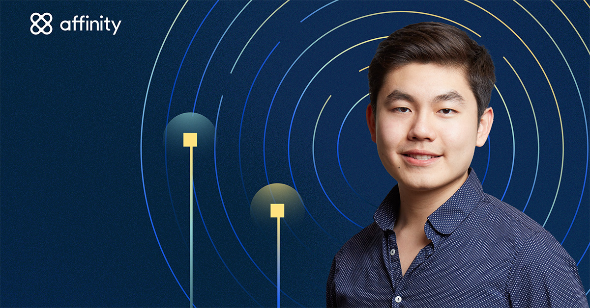 Affinity’s interview artwork featuring Kevin Wang against a background of concentric lines