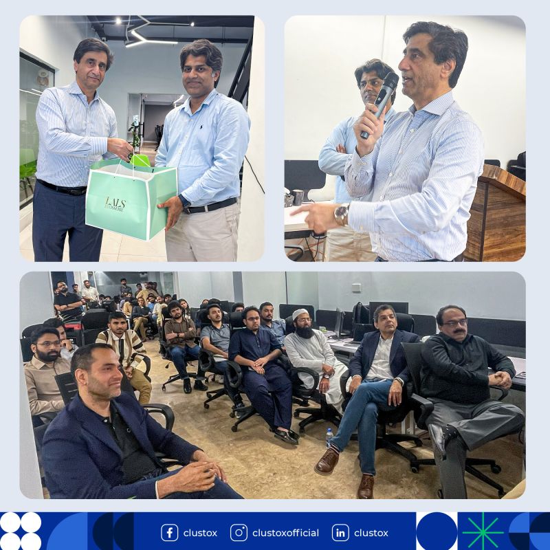 A collage showing Khawaja speaking into a microphone and sitting with attendees at Clustox