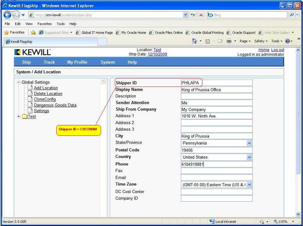 Archival Kewill Flagship screen showing a shipping location setup form in Internet Explorer