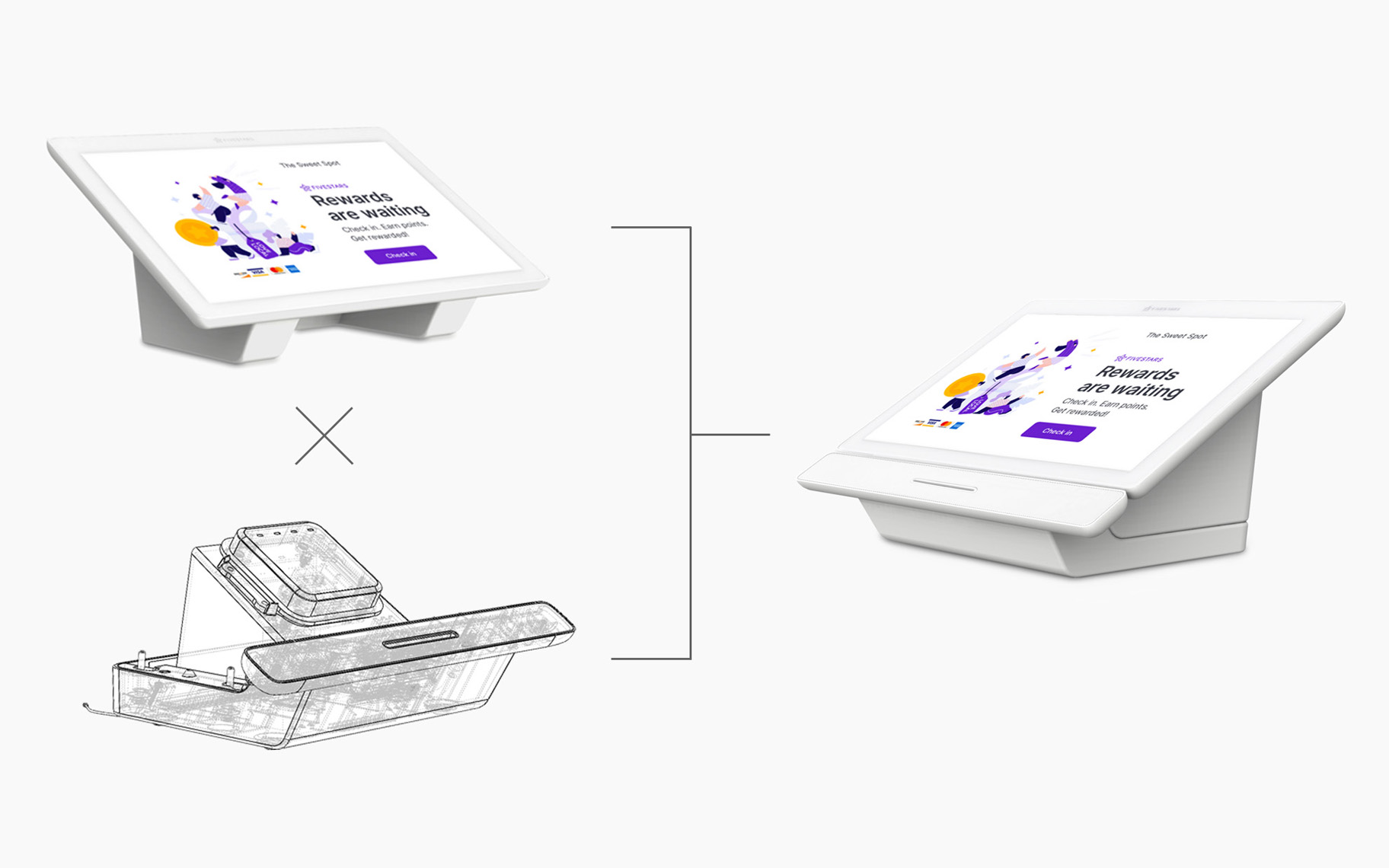 A checkout device with options: Fivestars’ third generation adds payments through a separate base.