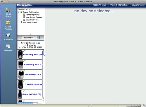 DeviceAnywhere Studio in 2008, showing a library of real mobile handsets available remotely