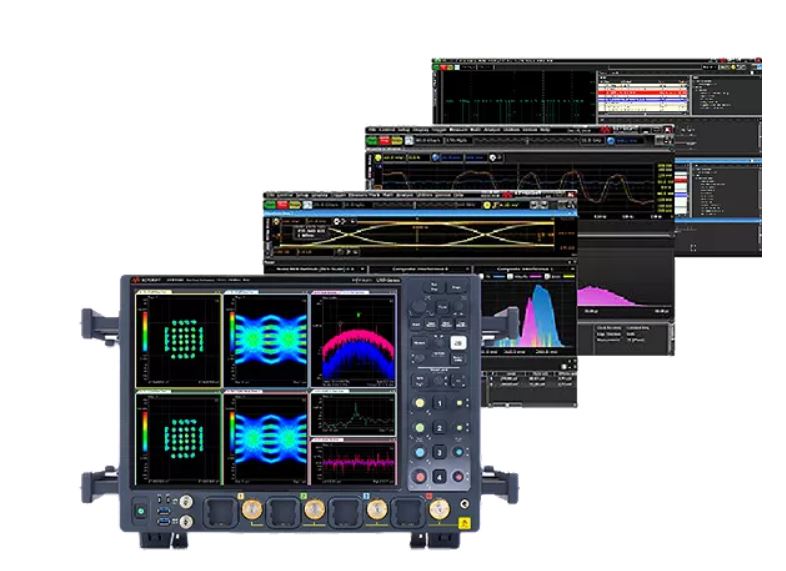 Product illustration showing an Infiniium UXR oscilloscope and several signal analysis software views