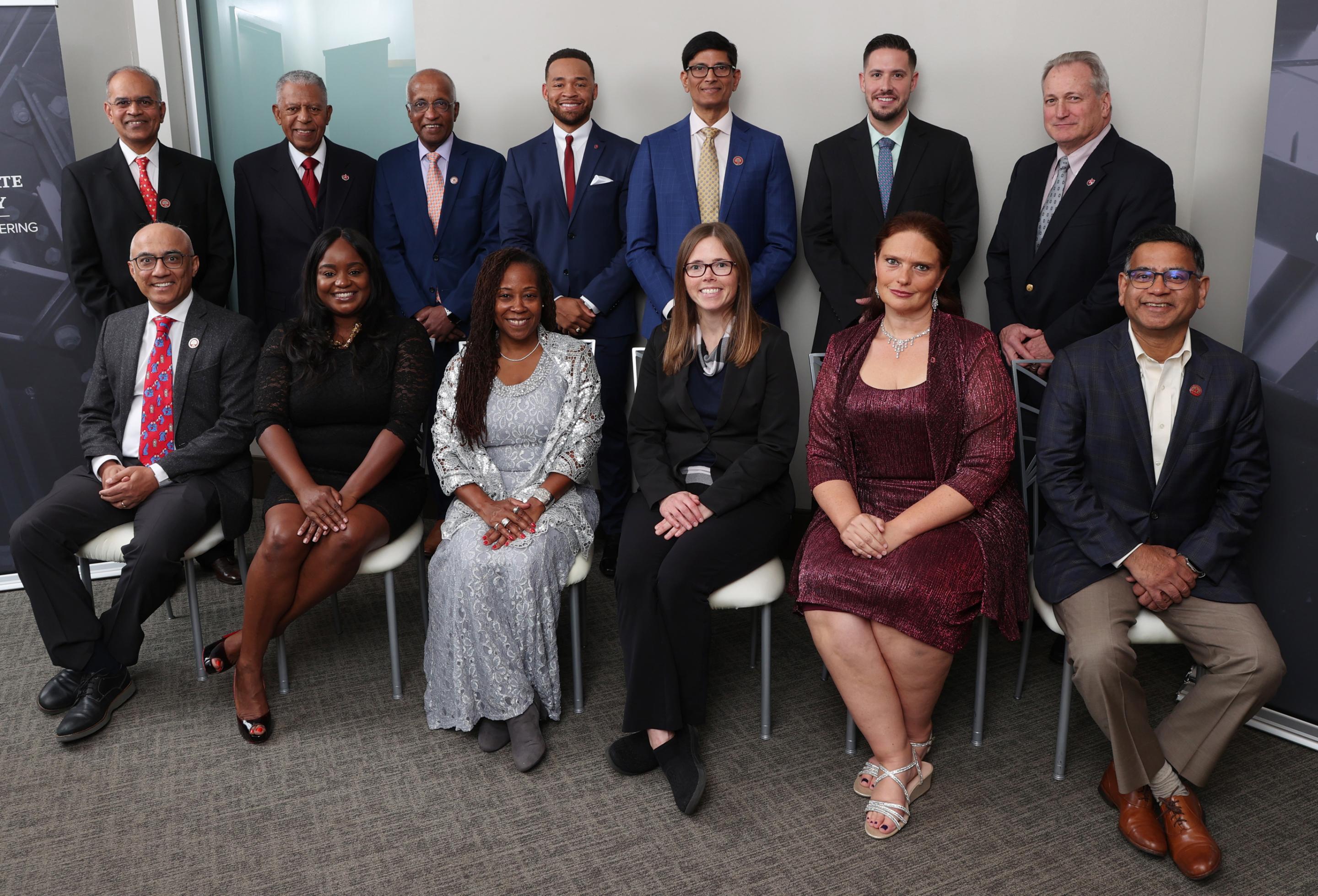 KG Ganapathi, far left in the back row, with fellow honorees and Dean Ayanna Howard at Ohio State’s 2023 engineering alumni awards