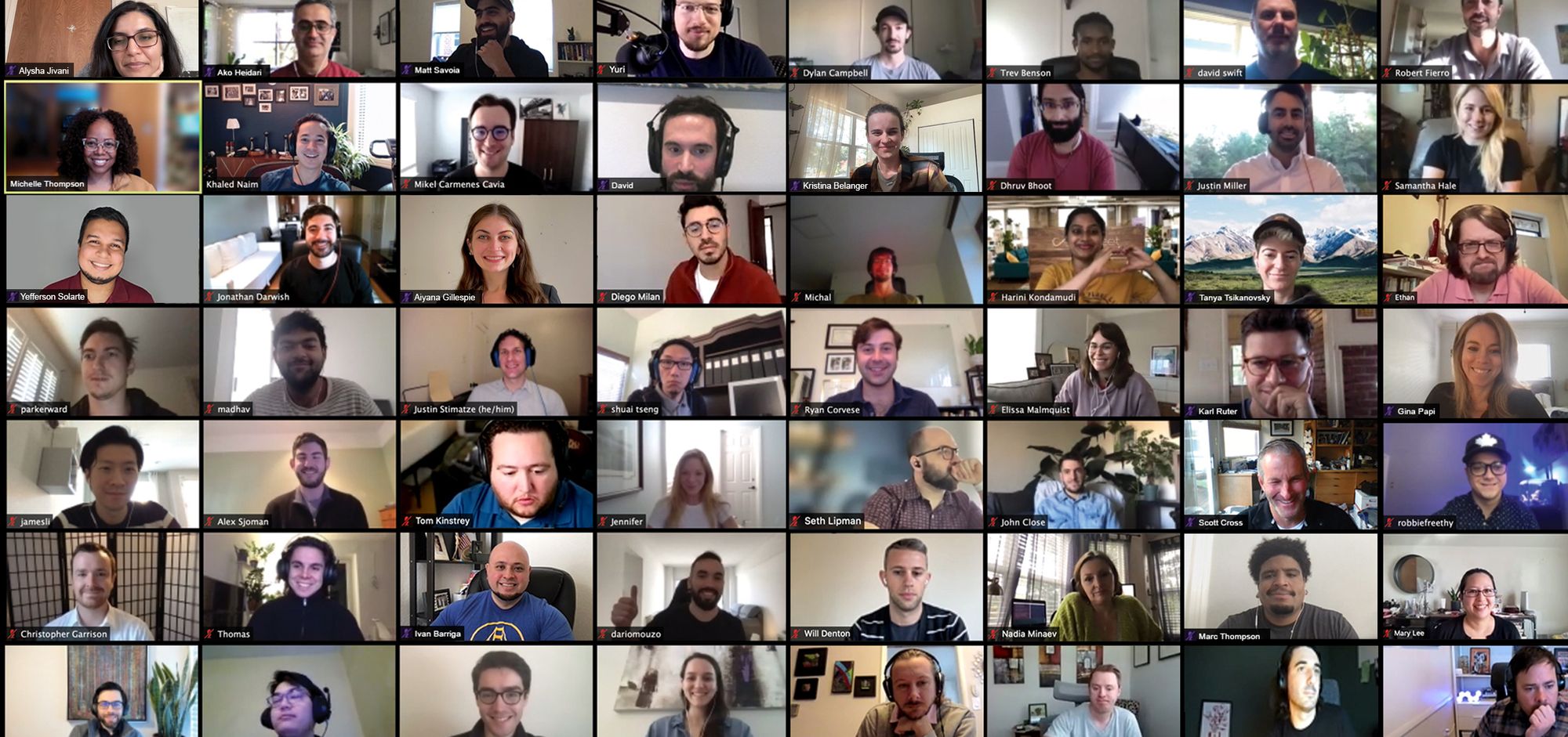Onfleet colleagues in a video-call grid, including Khaled Naim in the second row, second tile