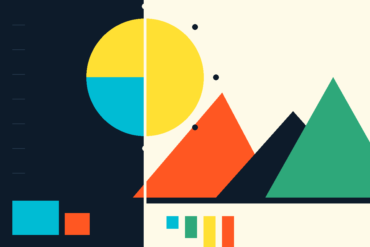 Swiss-style geometric illustration of mountains, a rising seed, and growth bars