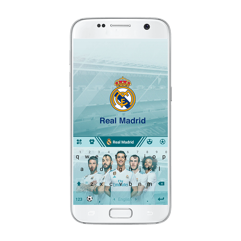 Real Madrid themed Kika keyboard shown on a smartphone