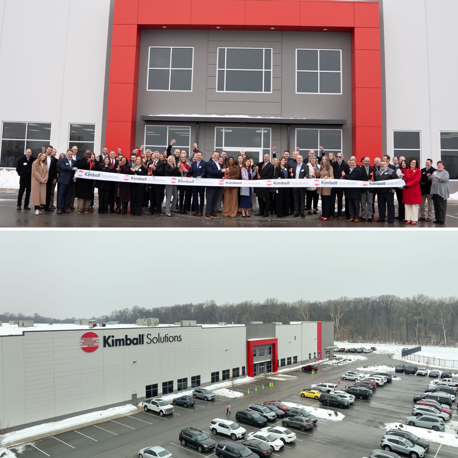 Attendees at the Indianapolis medical facility ribbon cutting, above an exterior view of the building