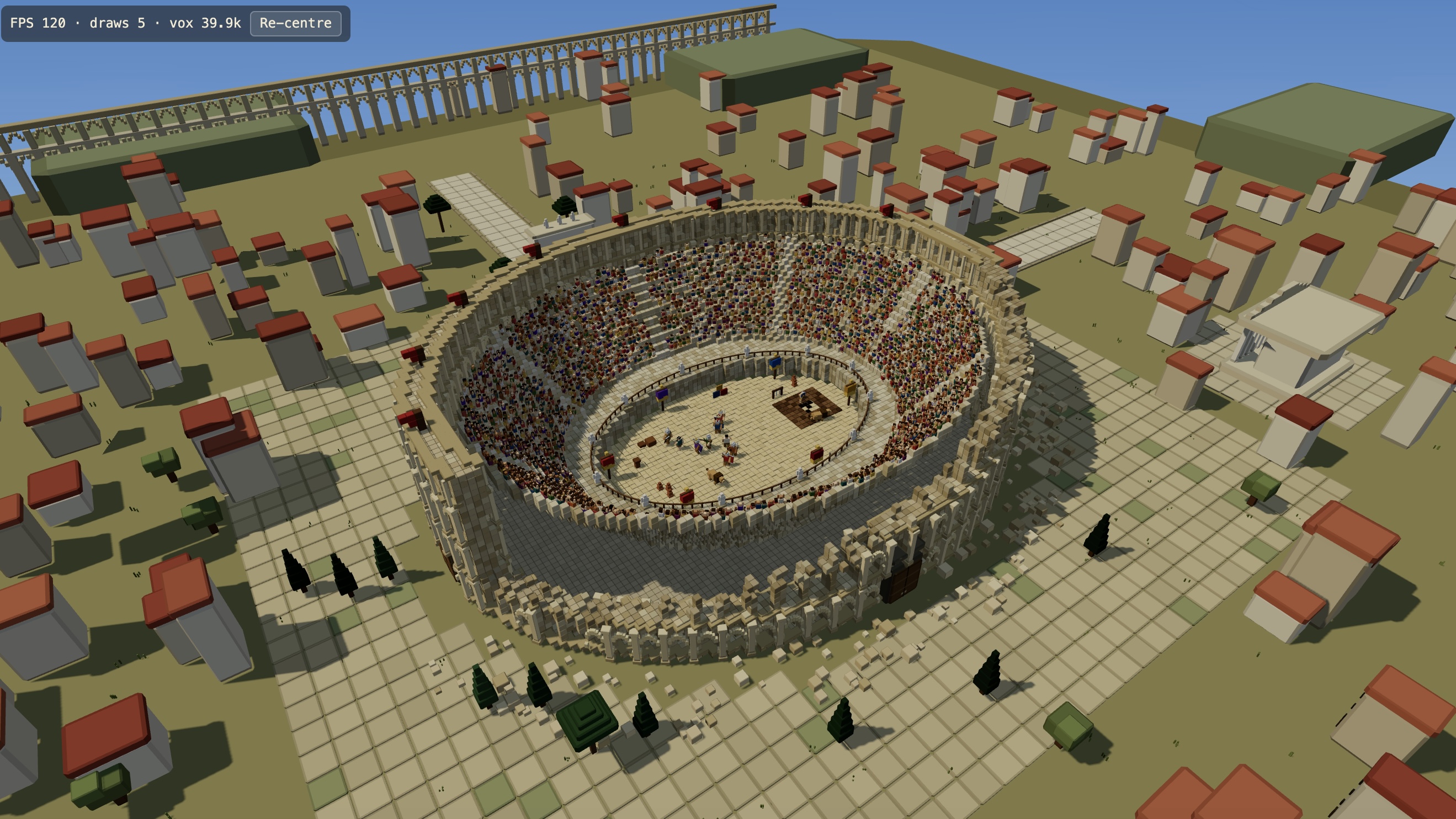 A voxel Roman Colosseum with crowds and surrounding buildings in an official Kimi K3 coding demonstration