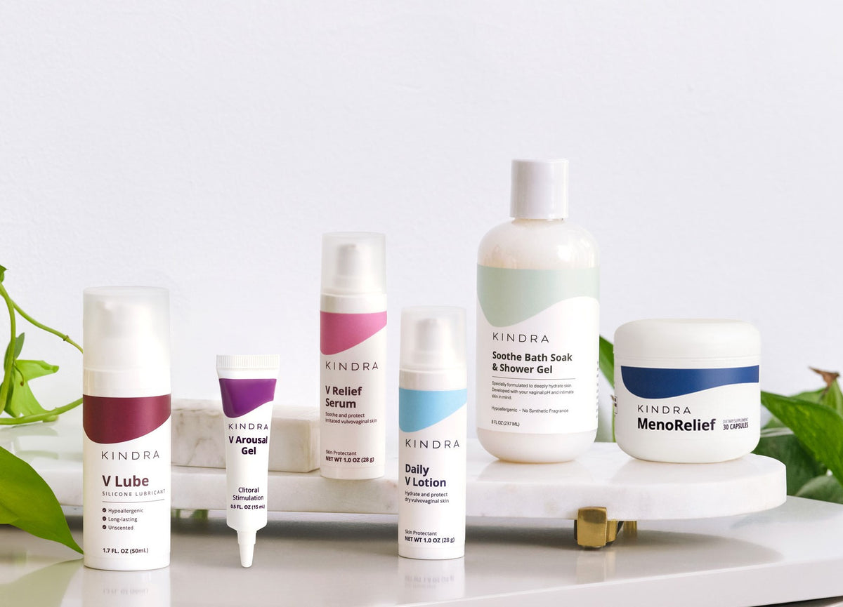 Kindra's full product assortment of estrogen-free intimate-care products staged in a living room