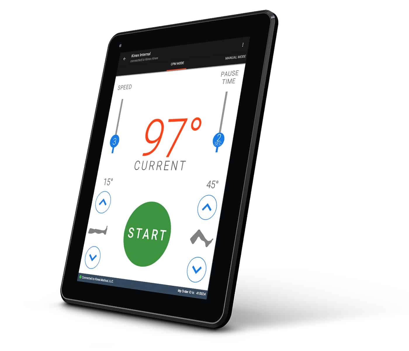 KinexCONNECT tablet showing the knee machine control interface