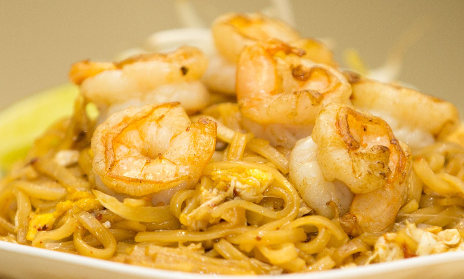 King and I Thai pad Thai topped with shrimp