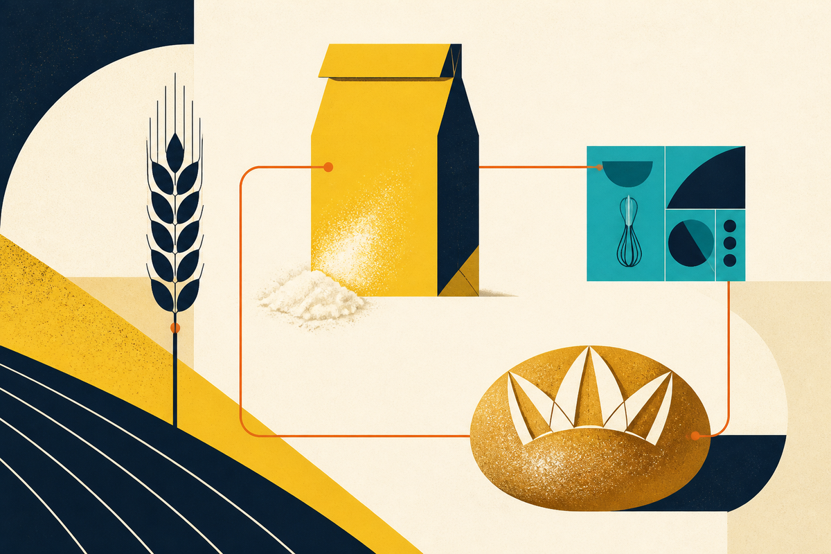 Abstract Swiss-style illustration connecting wheat, flour, recipe guidance and a finished loaf