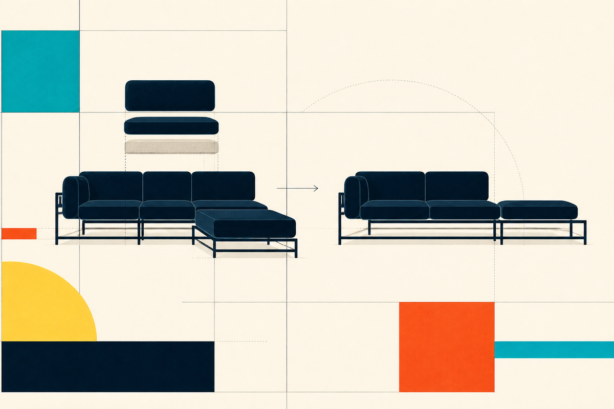 Abstract Swiss-style illustration of dark modular sofa sections changing configuration on an architectural grid