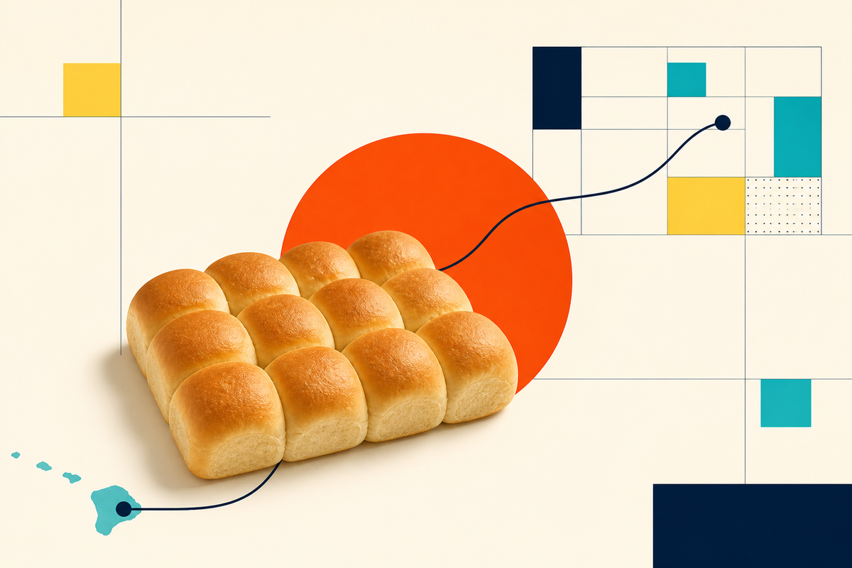 Abstract Swiss-style composition of twelve golden rolls connected by a route from Hawaiʻi to a mainland grid