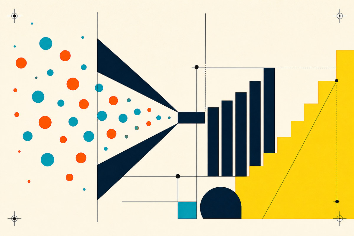 Abstract Swiss-style illustration of colored signals entering a funnel and becoming rising bars