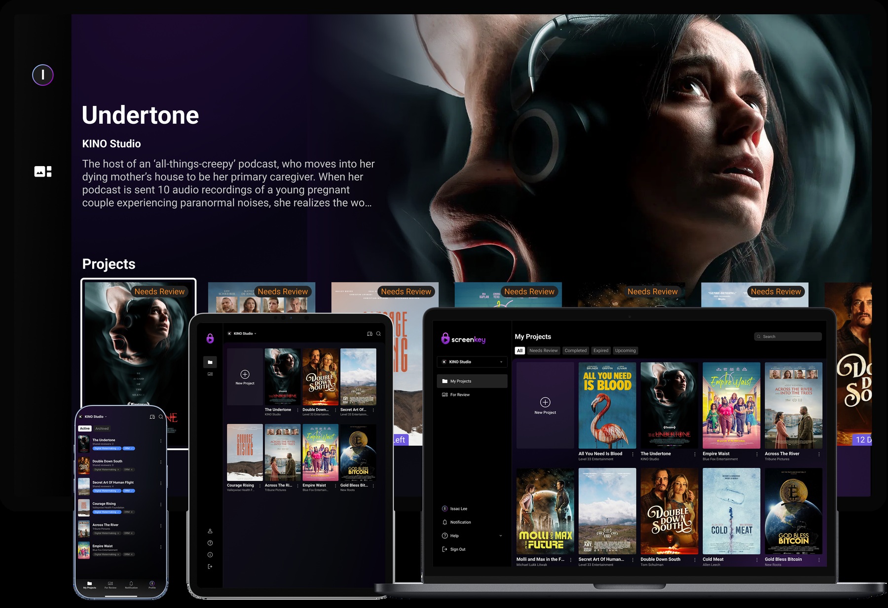 ScreenKey marketing image showing film playback across televisions, computers and mobile devices