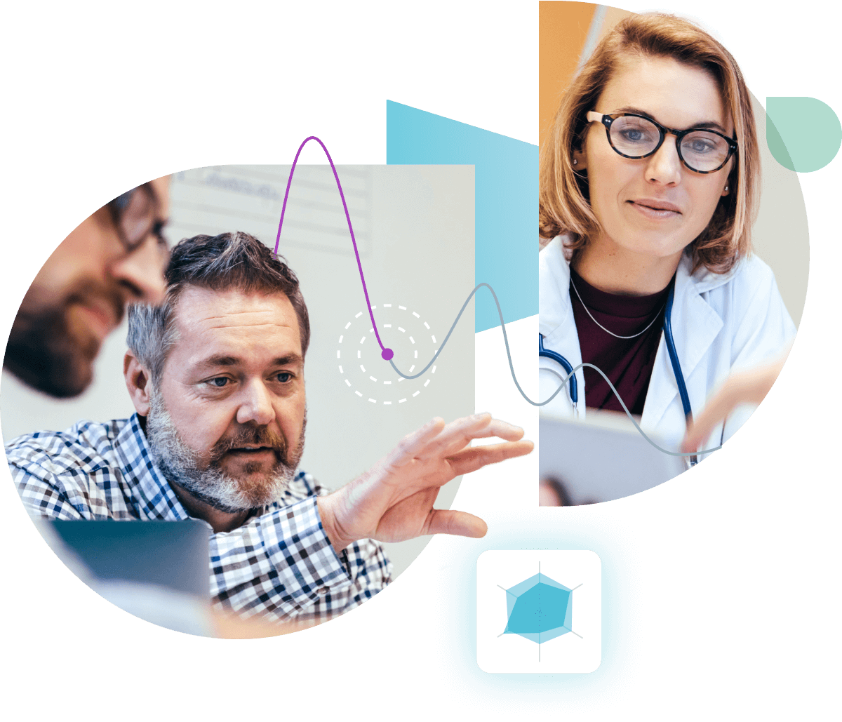 Clinicians and analysts shown with stylized illness trend lines