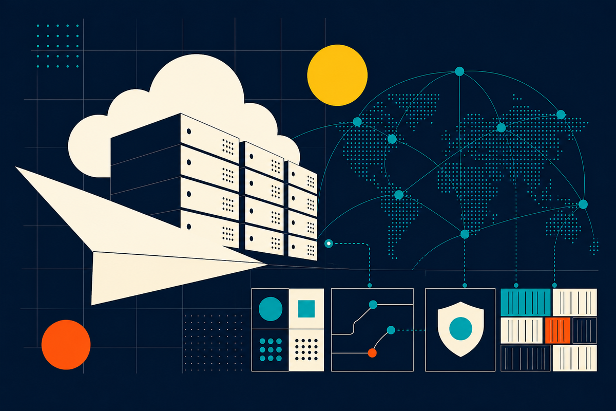 Abstract Swiss-style illustration of cloud servers, a global edge network and security controls