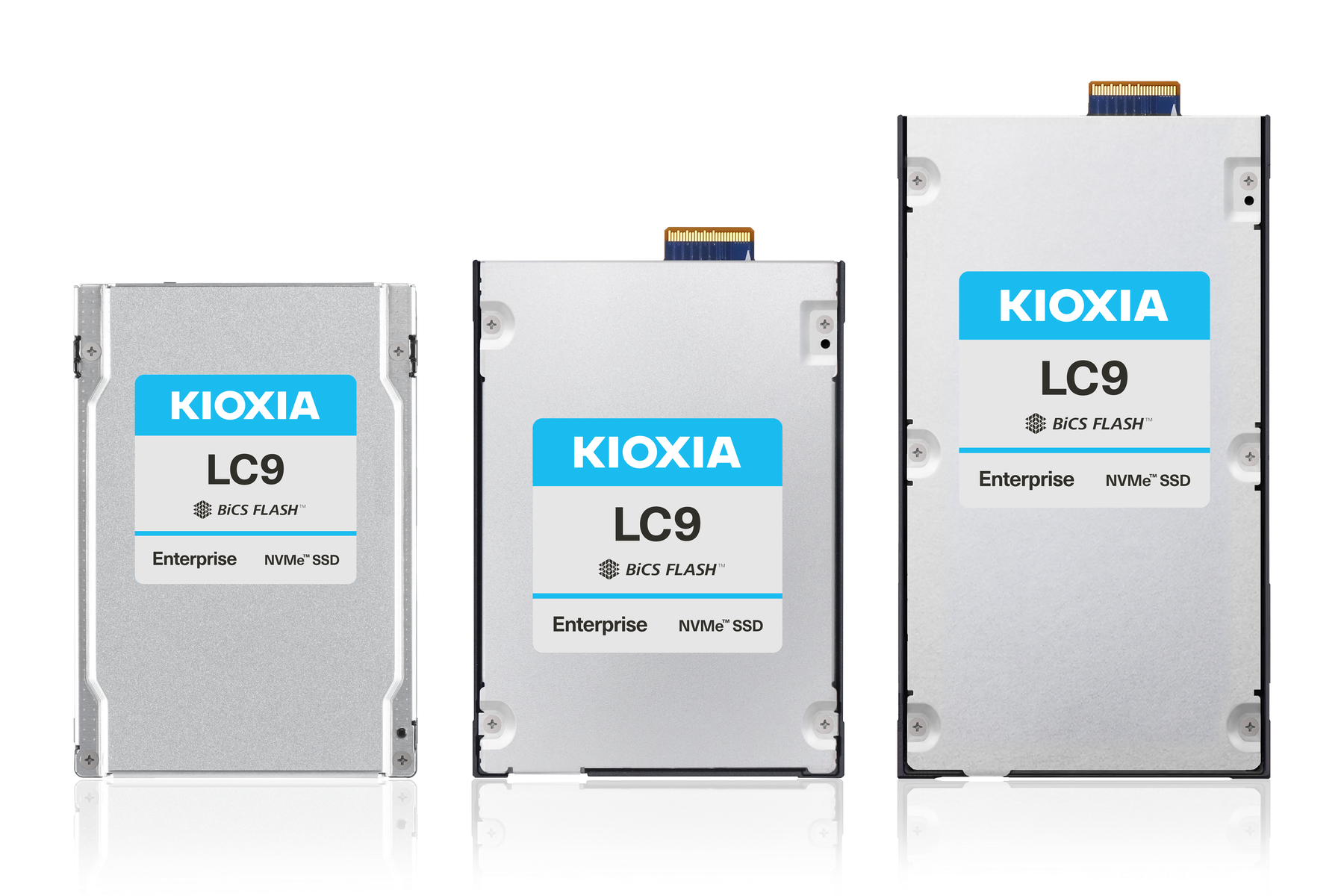 Three KIOXIA LC9 enterprise SSD form factors