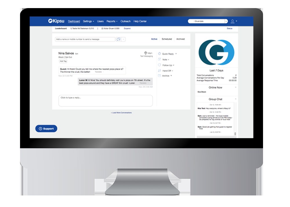 Kipsu messaging dashboard showing a live guest text conversation
