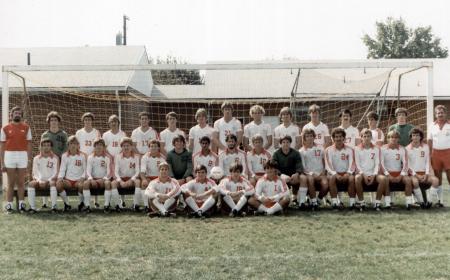 Dickinson College men's soccer team in 1983, including Kiran Kapur in the second row