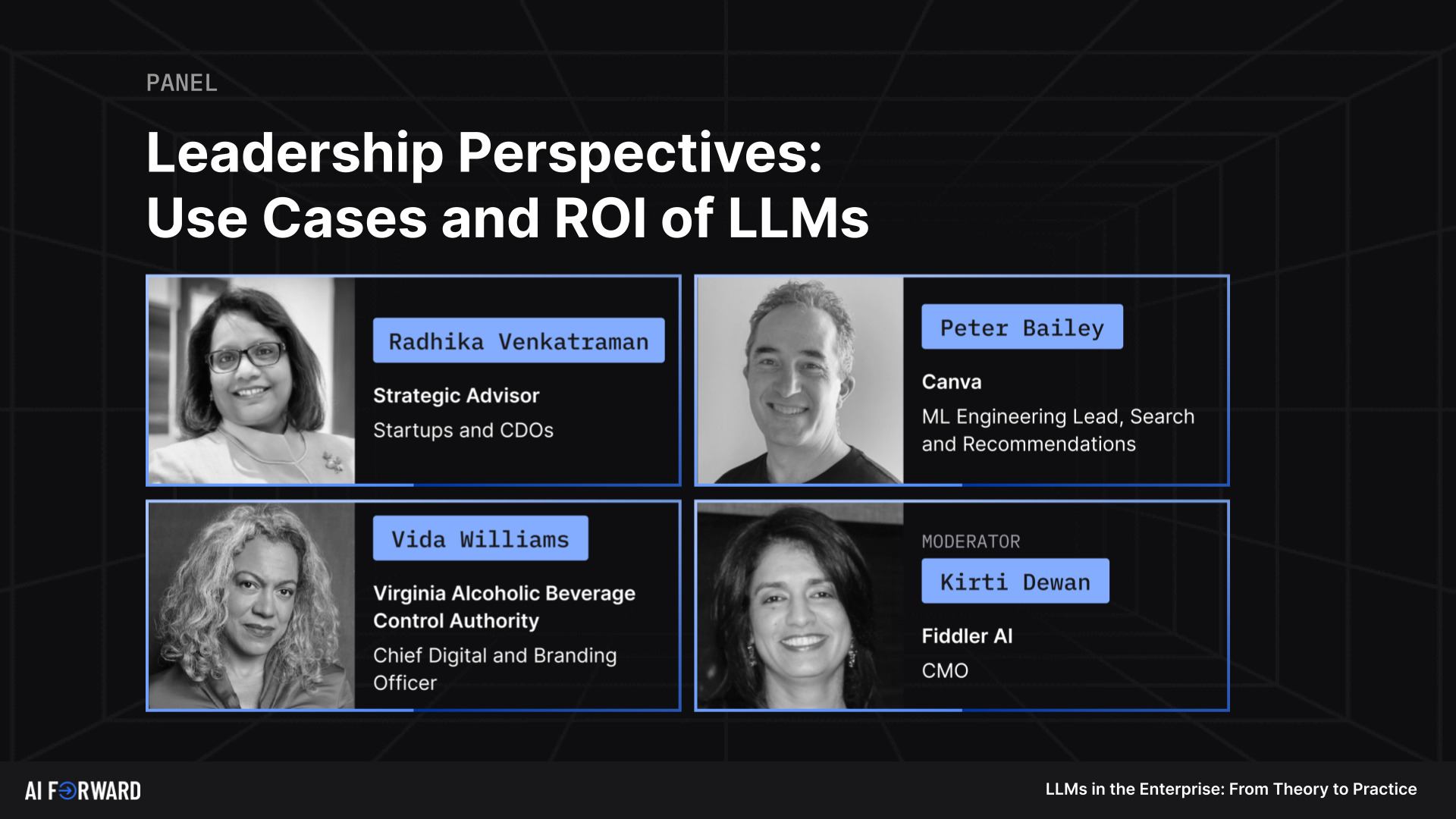 AI Forward panel card showing moderator Kirti Dewan with Radhika Venkatraman, Peter Bailey and Vida Williams