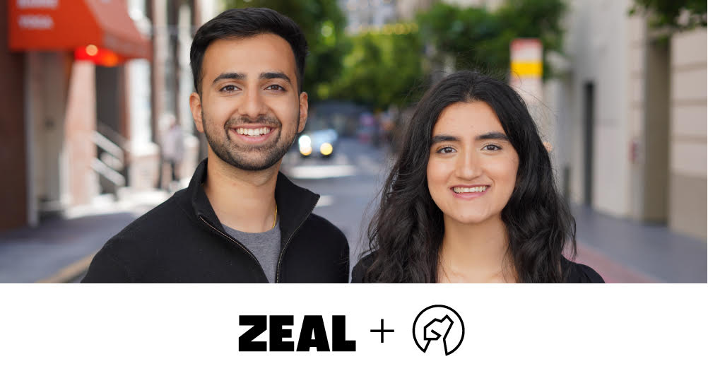 Zeal co-founders Pranab Krishnan, left, and Kirti Shenoy, right, in their 2021 funding announcement