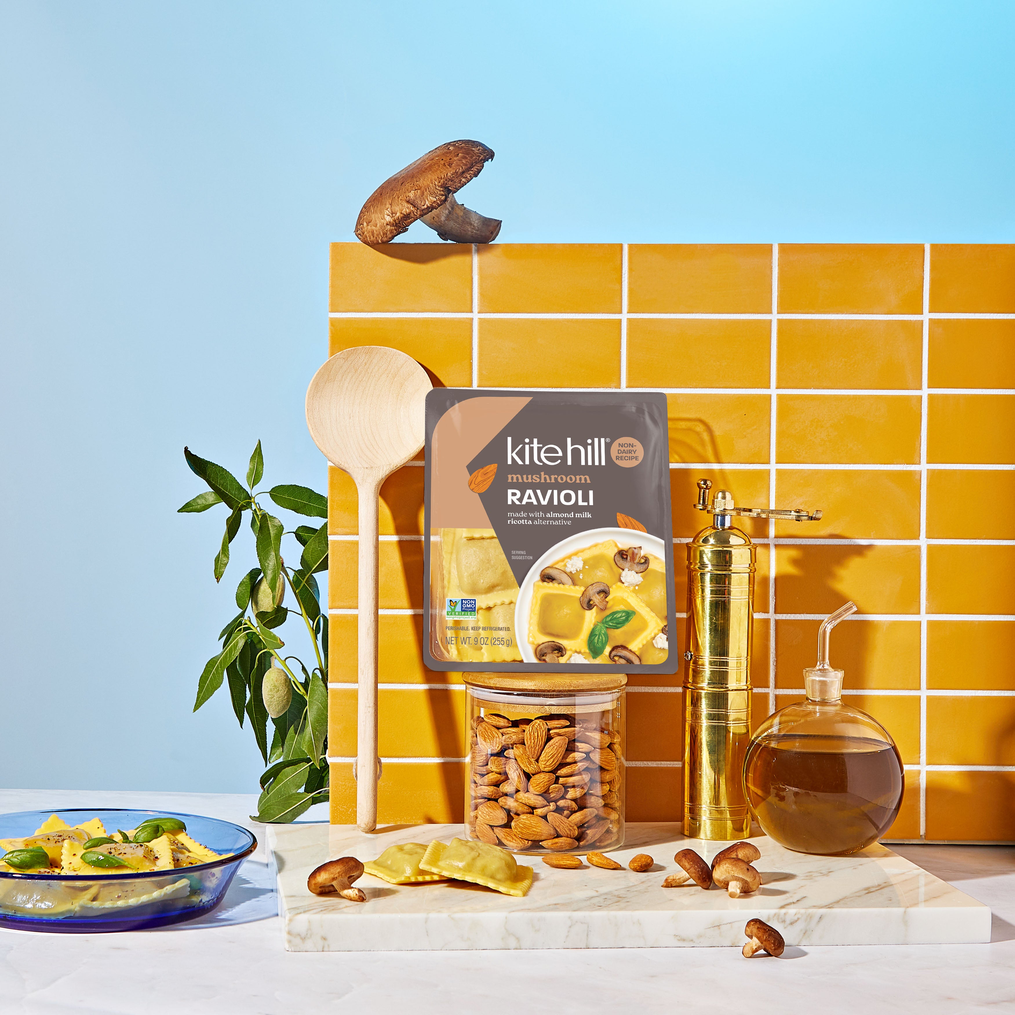 Kite Hill mushroom ravioli package on a kitchen counter
