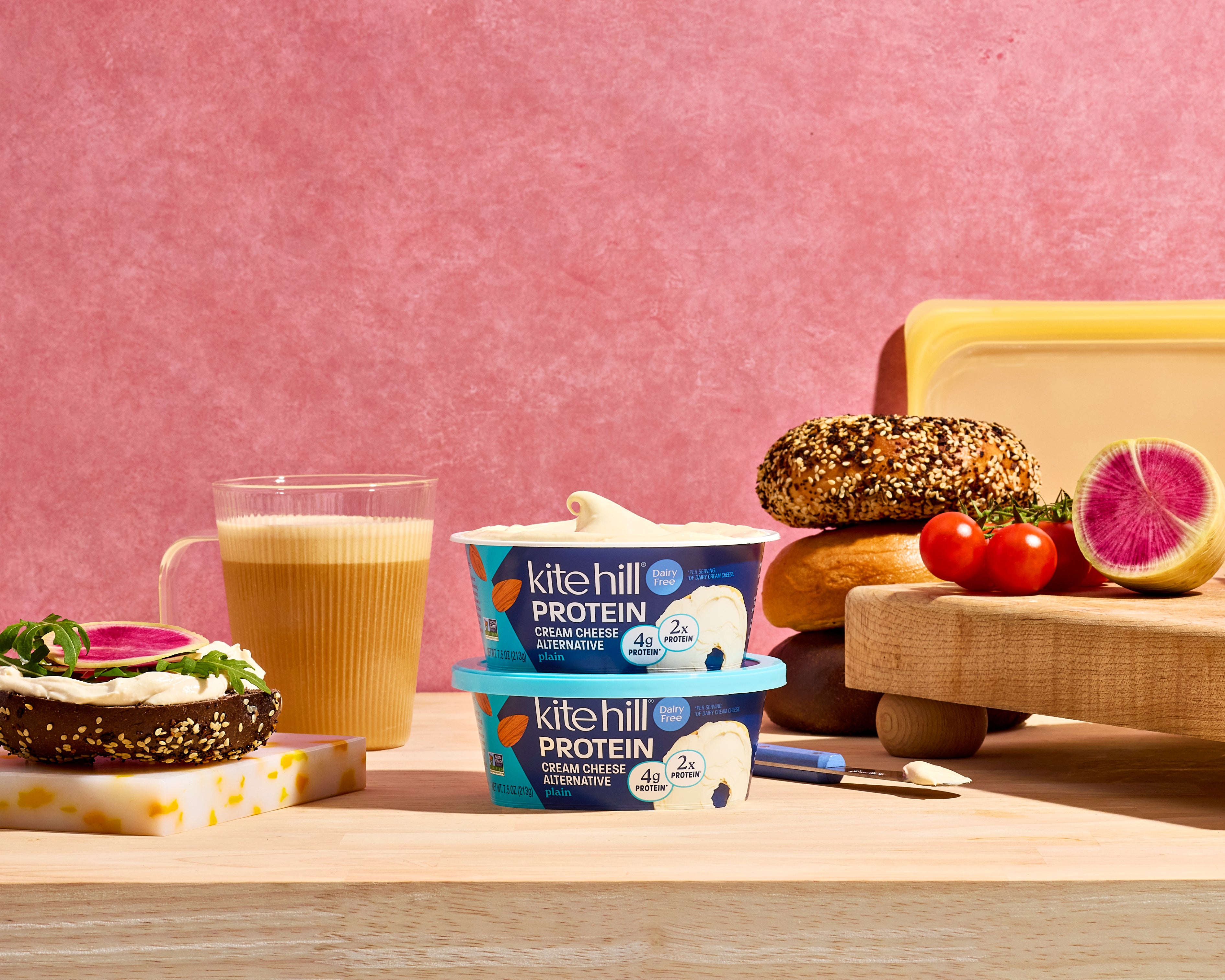 Kite Hill breakfast photograph featuring a cream cheese spread and coffee