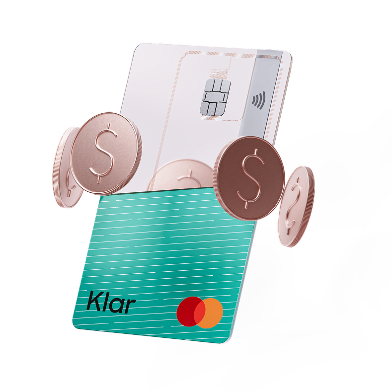 Klar product artwork showing a green Mastercard and a pale card surrounded by coin illustrations