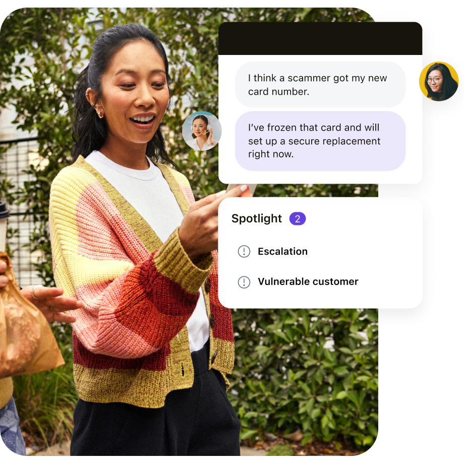 Zendesk QA Spotlight interface flagging churn risk and knowledge gaps