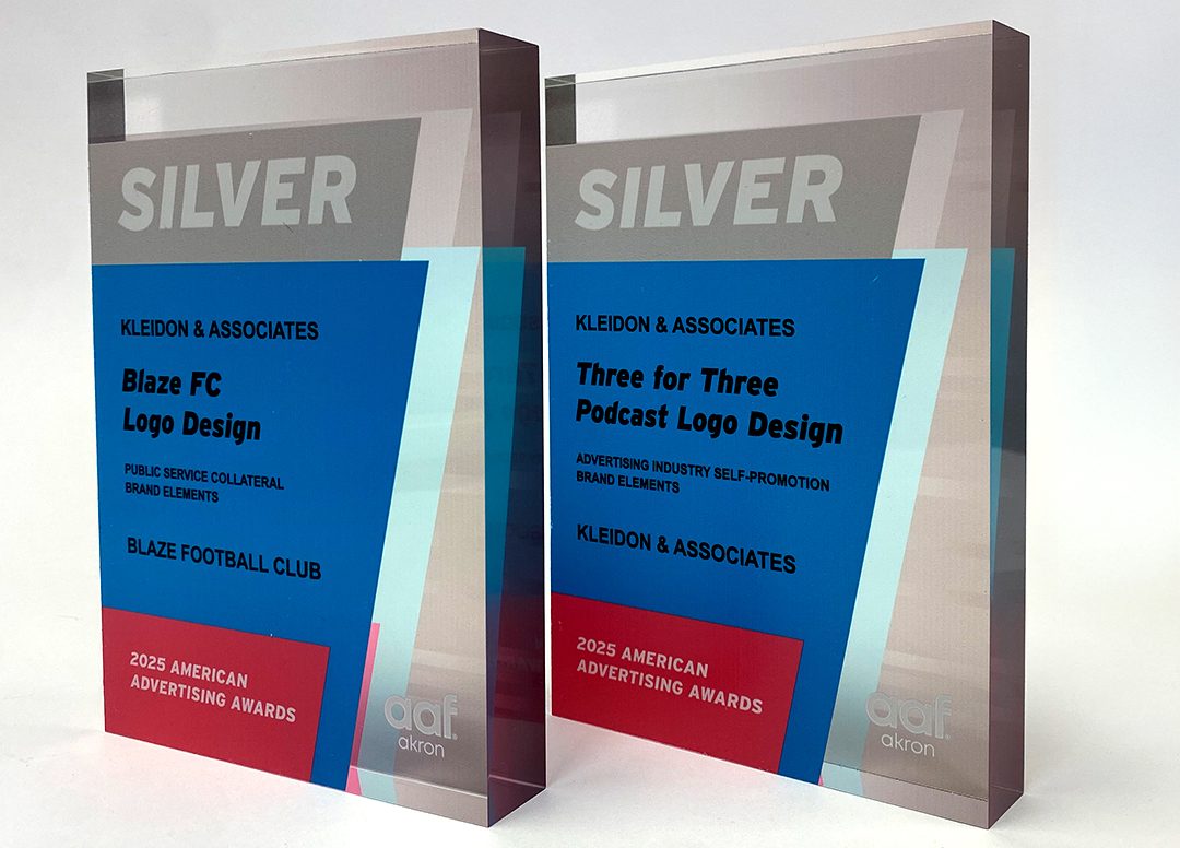 Two Silver ADDY awards presented to Kleidon and Associates for Blaze FC and Three for Three logo design