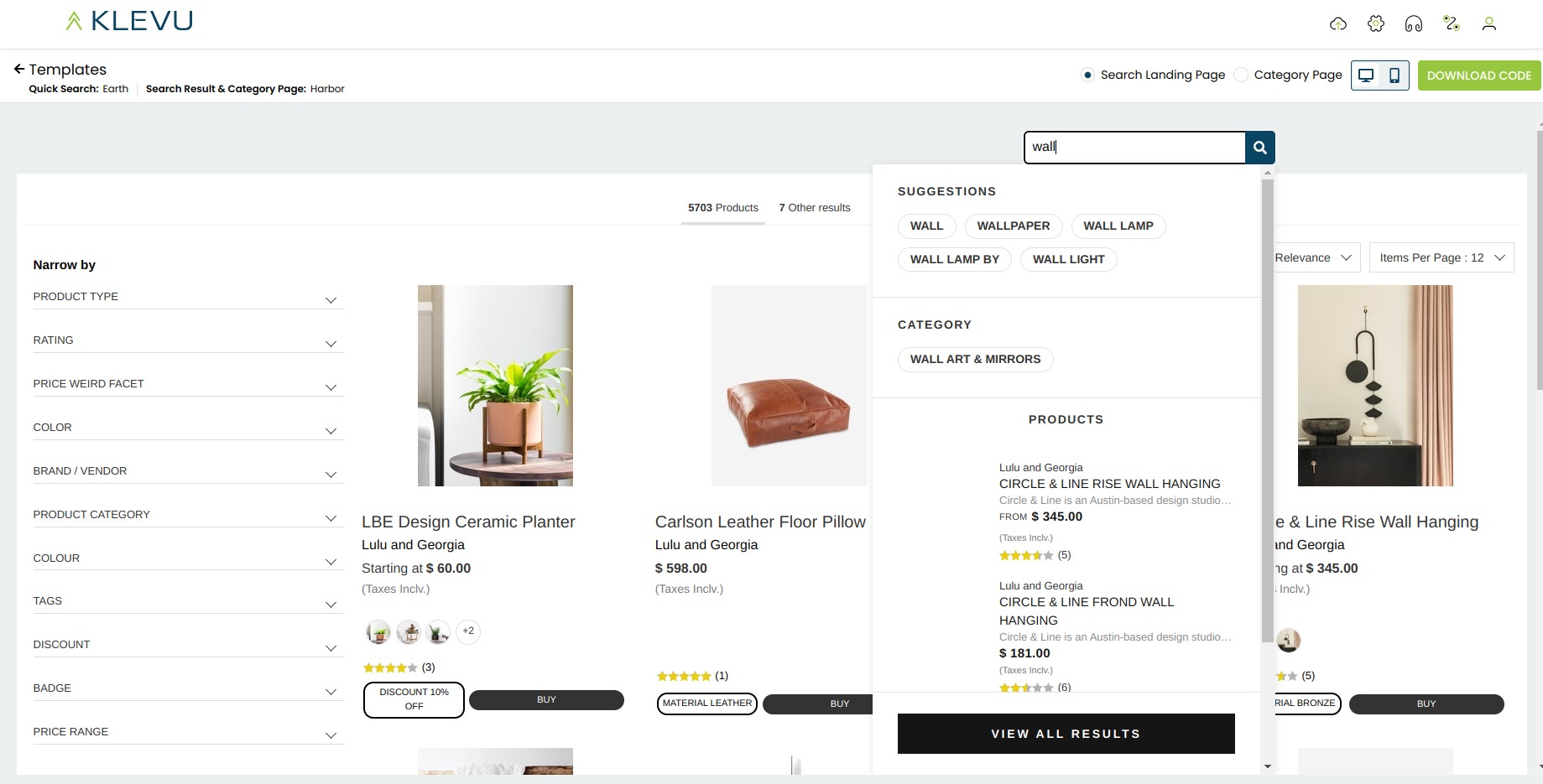 Klevu search template preview showing a wall query, product suggestions, filters and results