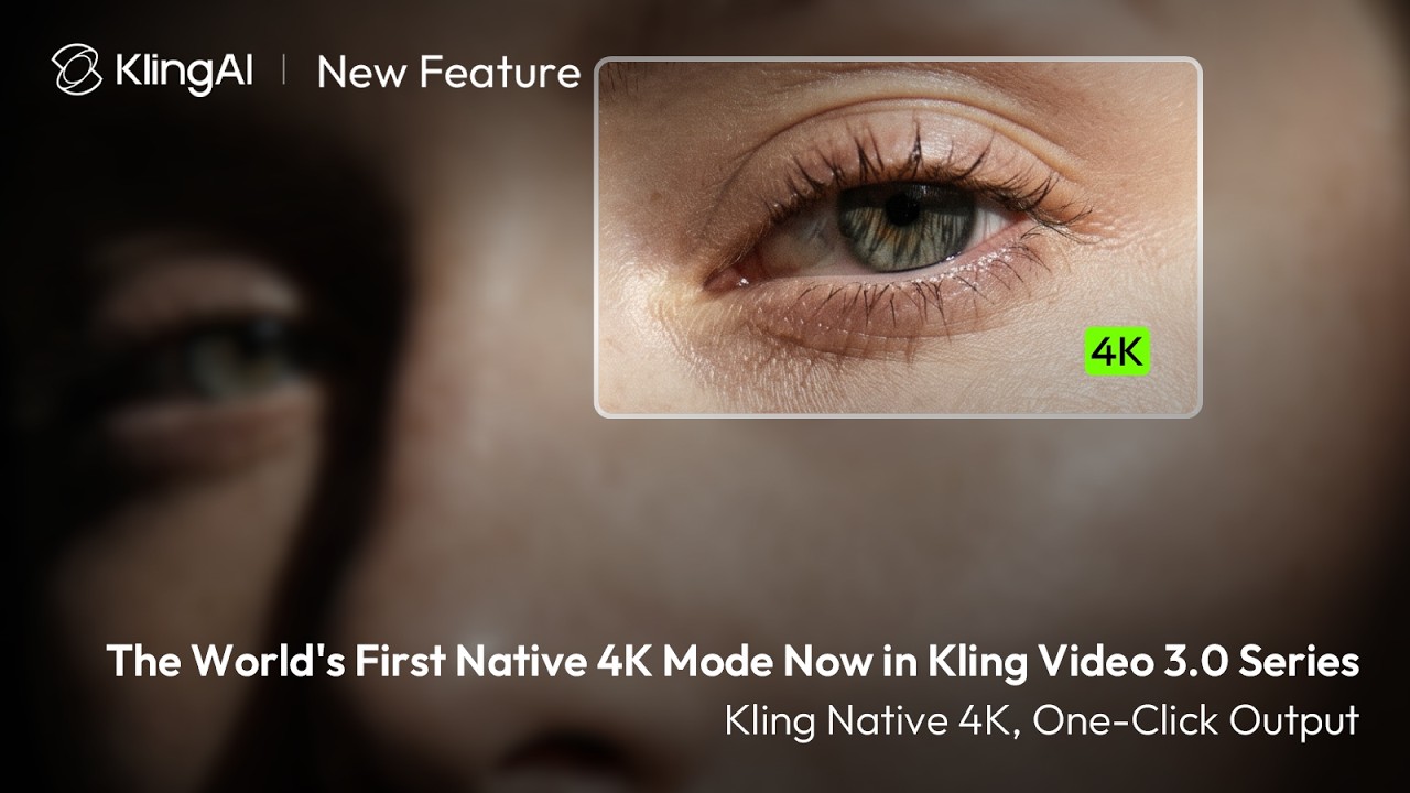Kling AI's official video announcing native 4K mode, with an eye shown in a detail crop
