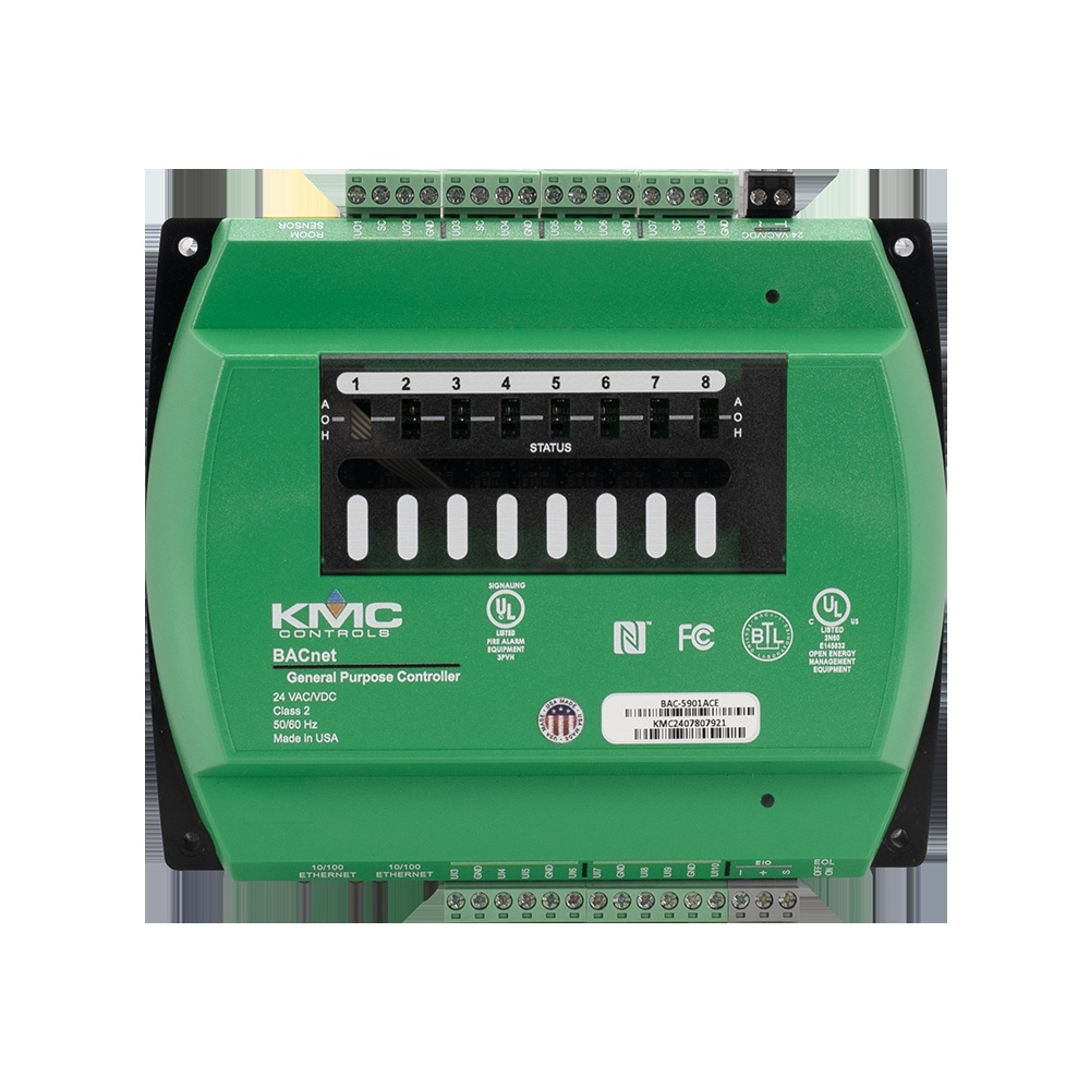 KMC Conquest BAC-5901ACE controller with labeled terminals, display and Ethernet connections