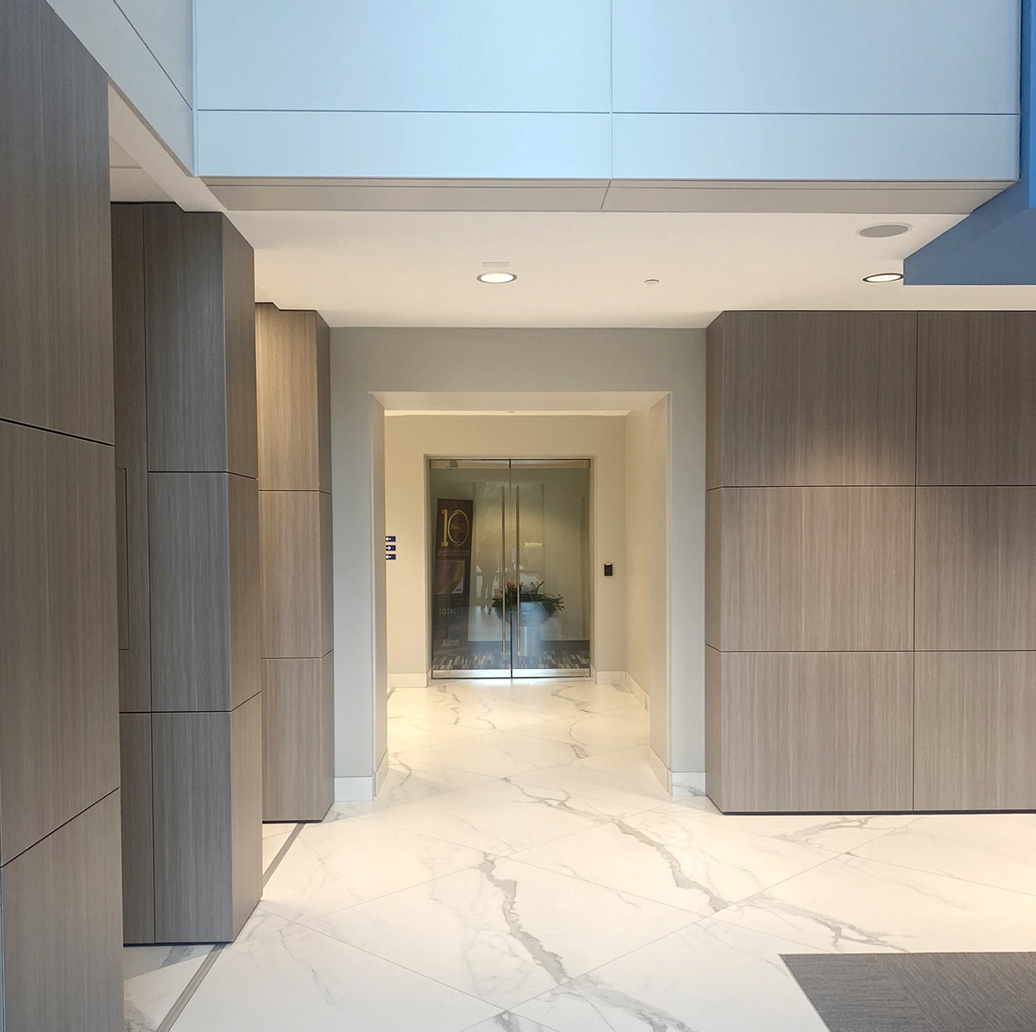 Pale wall panels framing the glazed entrance within the Alcon office interior