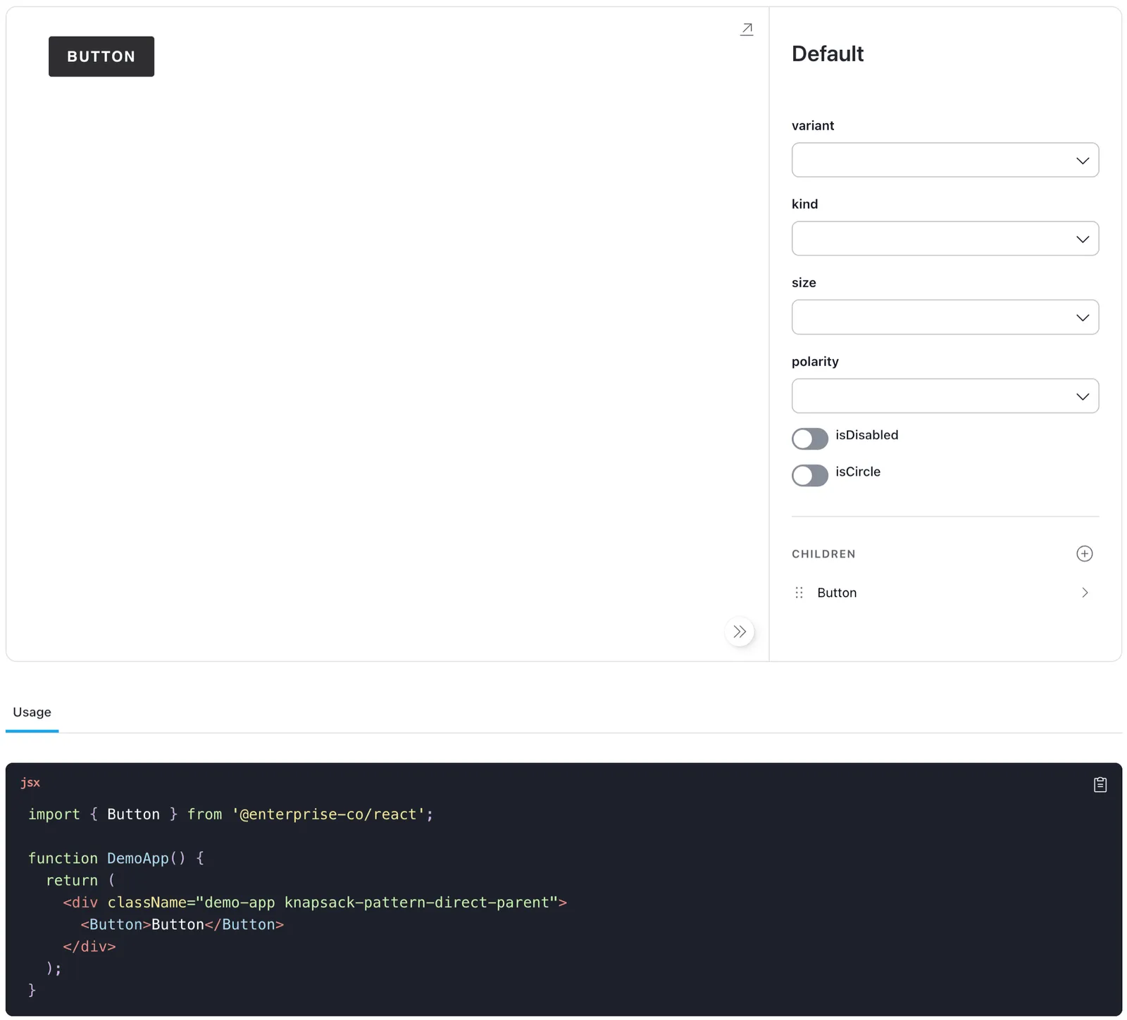 Knapsack Template Playground showing a rendered button, editable properties, and source code