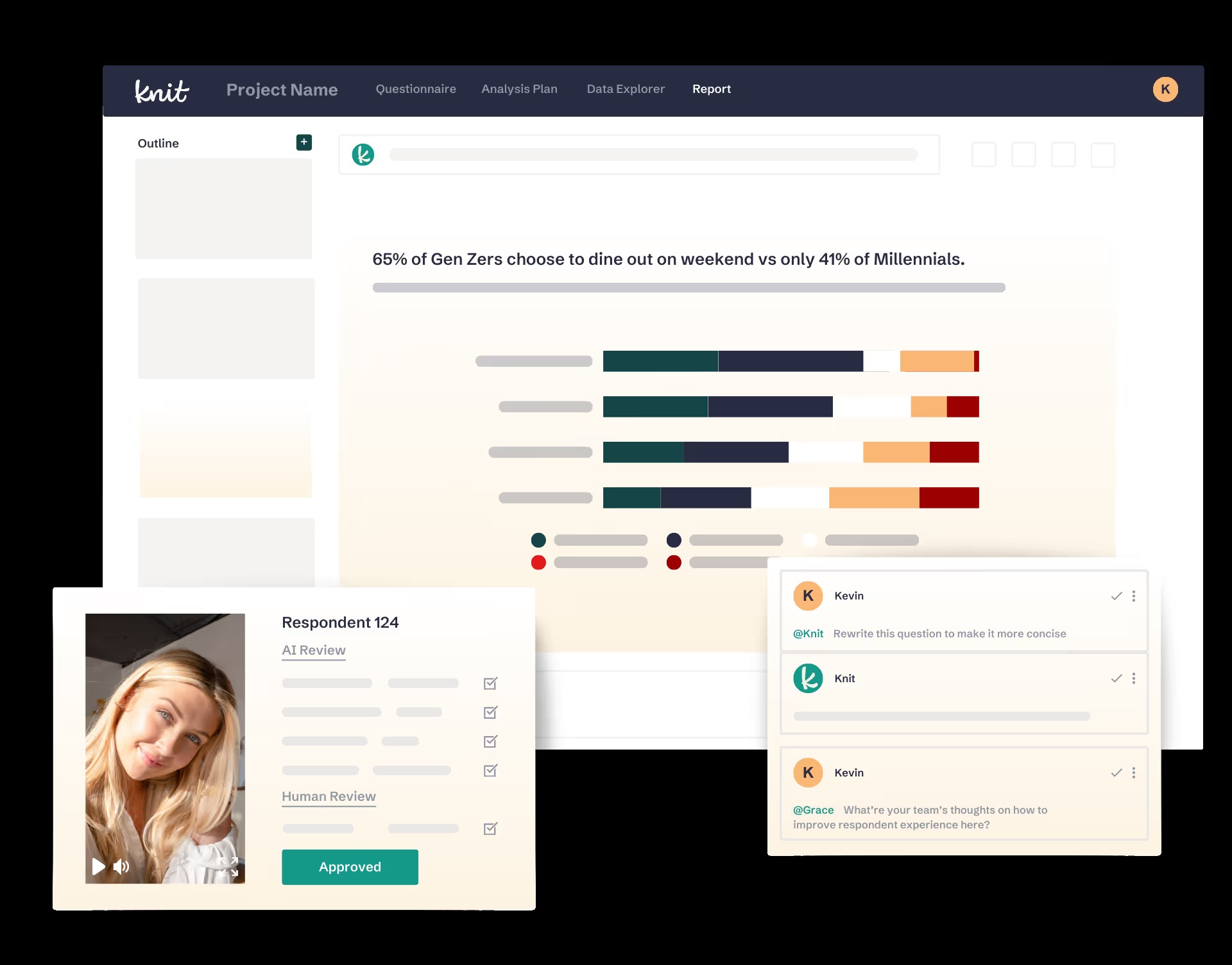 Knit product interface combining research charts, consumer video and collaboration tools